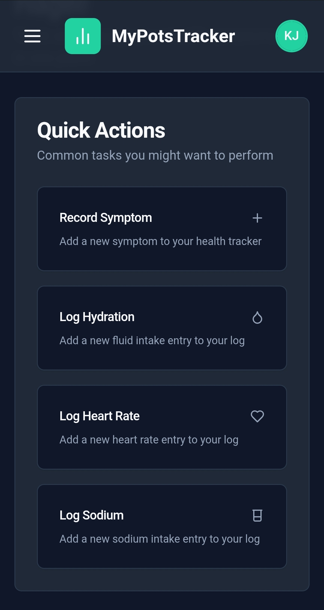 In the MyPotsTracker dashboard, quickly record a symptom, log hydration, log heart rate and enter sodium