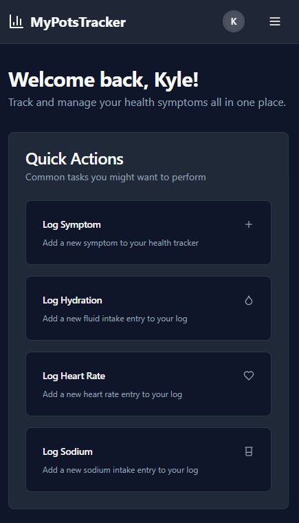 A screenshot of the mypotstracker quick actions to record a symptom, hydration, heart rate and sodium. Mobile version of the the MyPotsTracker dashboard showing log a symptom, hydration, heart rate and sodium.