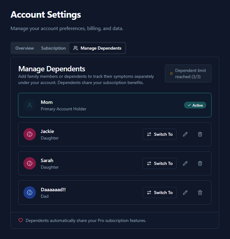 Family profile manager with three additional profiles shown in dark mode