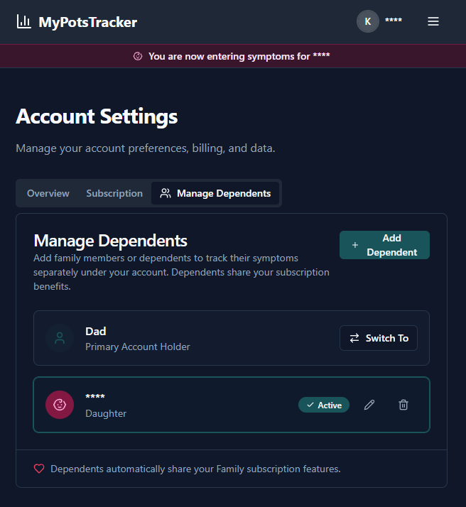 The Family Profile Switcher helps parents, caregivers, and family members choose the right profile before logging symptoms, hydration, or health notes
