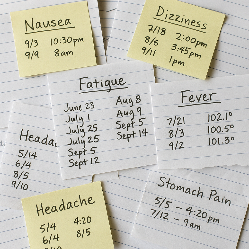 Symptoms written on sticky notes and random pieces of paper